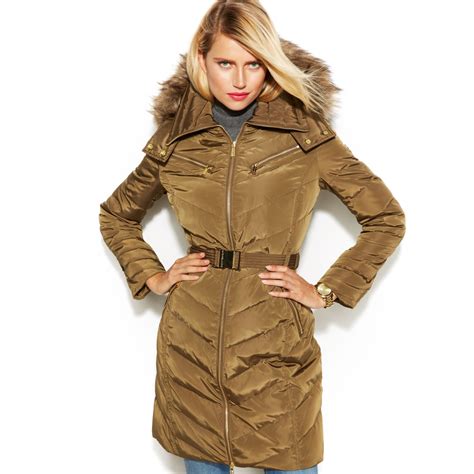 michael kors hooded faux fur trim belted down puffer